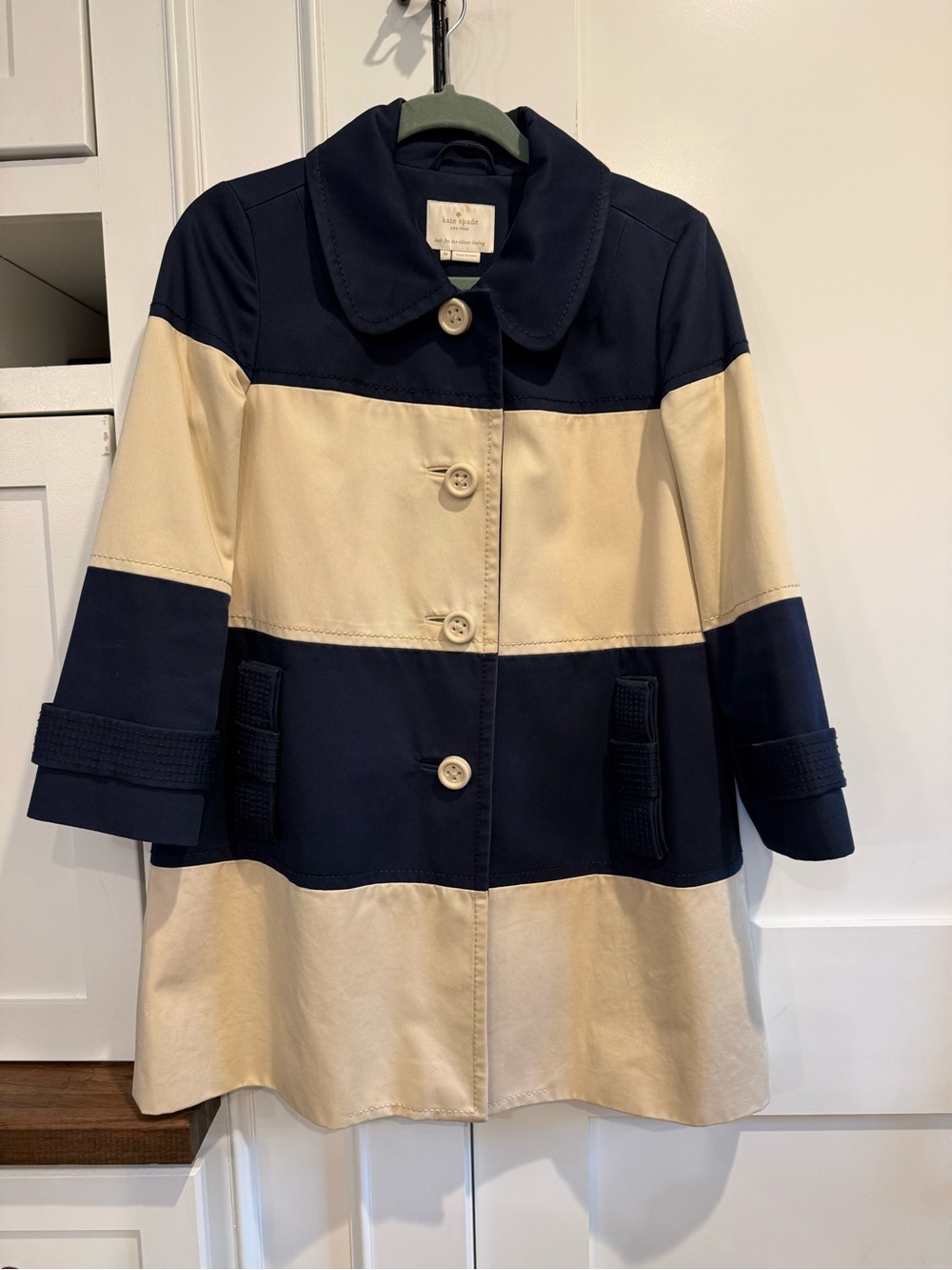Kate Spade Stripe Colorblock Coat - Navy and Cream Women's Jacket